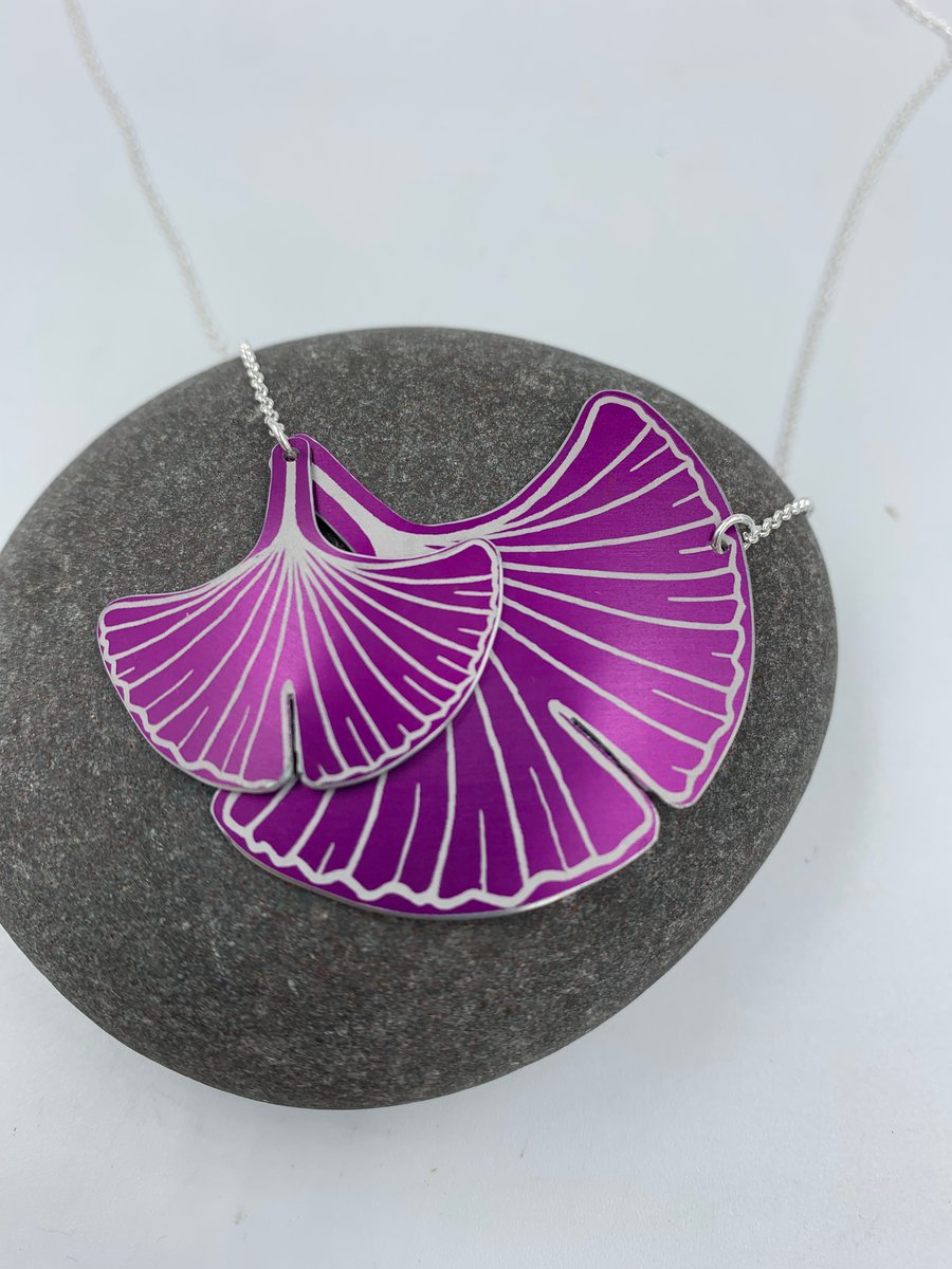 Dark pink aluminium double ginkgo pendant