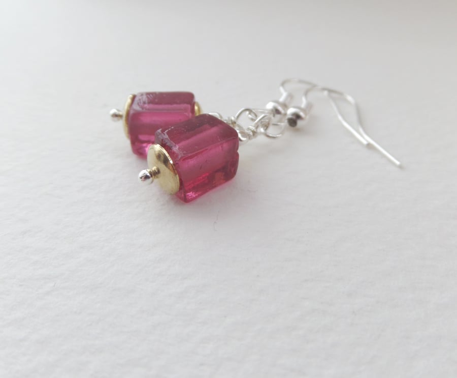 Raspberry Red Earrings, with two tone metal