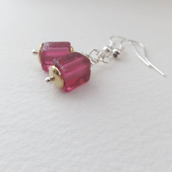 Raspberry Red Earrings, with two tone metal