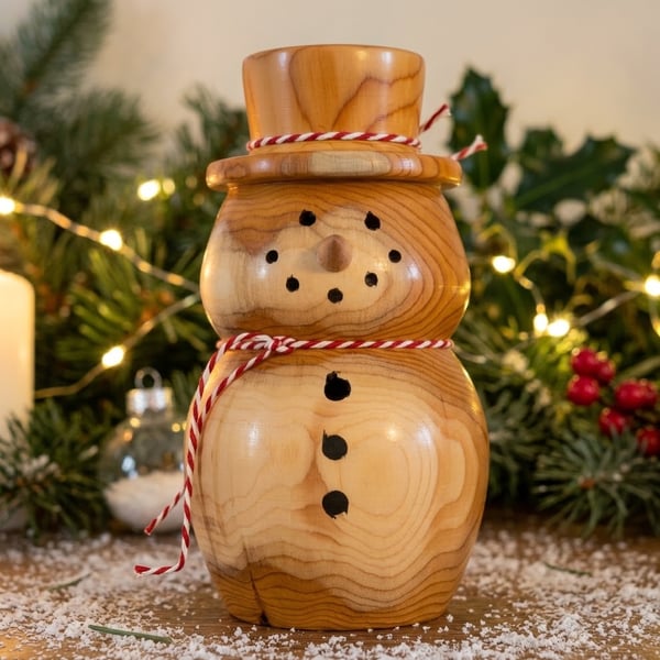 Hand-Turned Yew Wood Snowman Ornament, Christmas Decoration (Seconds)