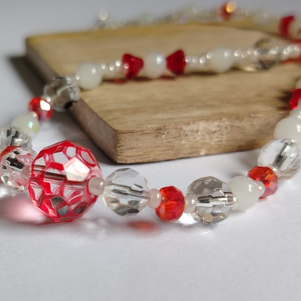 Modern Ruby Drift - Red and Opaline Geometric Glass Necklace