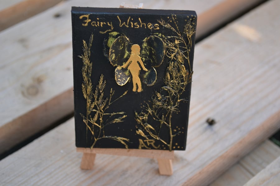 Original mixed media ACEO - Fairies and Flora - Black and Gold