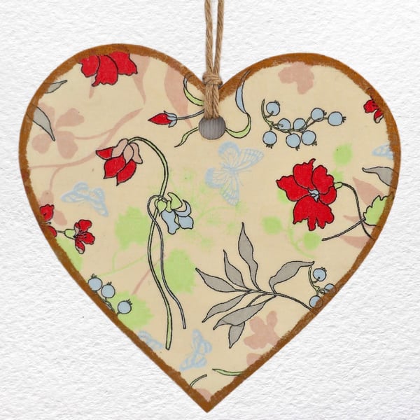 Decoupaged Wooden Hanging Heart 15cm (6"): Red Flower design