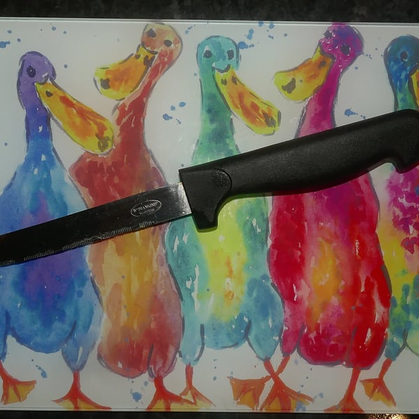 Colourful Duck Glass Chopping Board 20cm x 28 cm