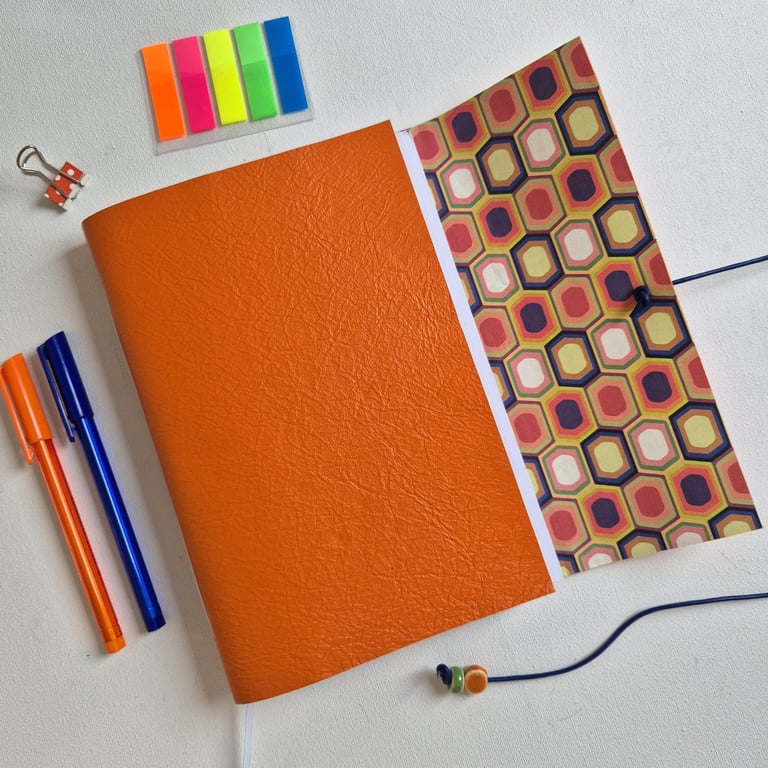 Orange Leather Journal or Sketchbook with 1970s geometric pattern, A5