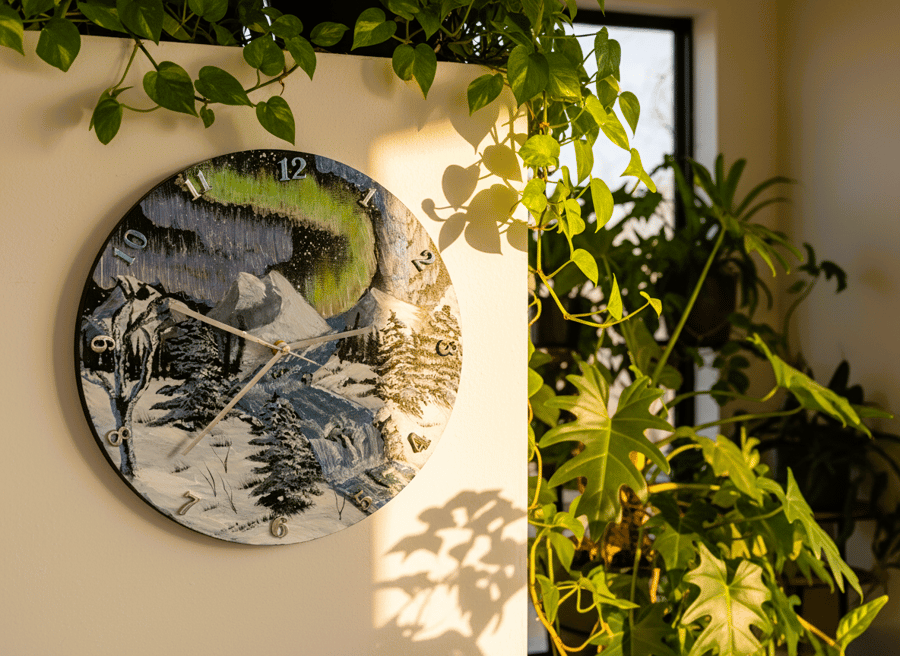Northern Lights, handmade and painted wall clock