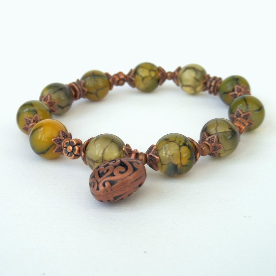 Dragon-vein agate & copper handmade bracelet, with heart charm