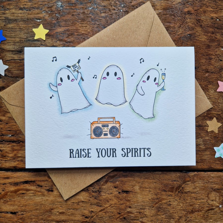 Thinking of You Card, Halloween Card, Funny Friendship Card, Raise Your Spirits!