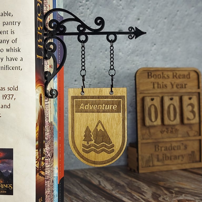 Adventure Genre Divider Bookshelf Decor — Solid Walnut Library Sign