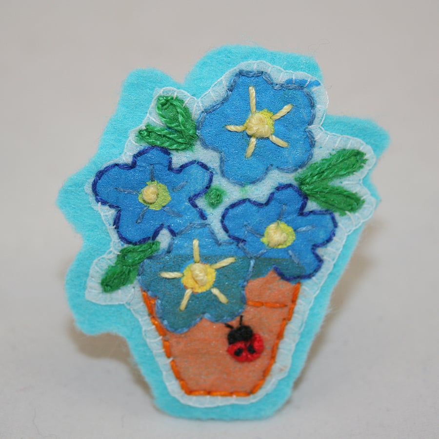 Ladybird Blue Potted Plant Brooch - painted and stitched