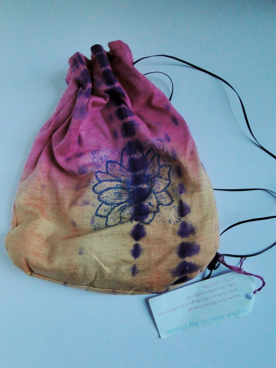 Sale Hand Printed Flower Drawstring Bag Purse