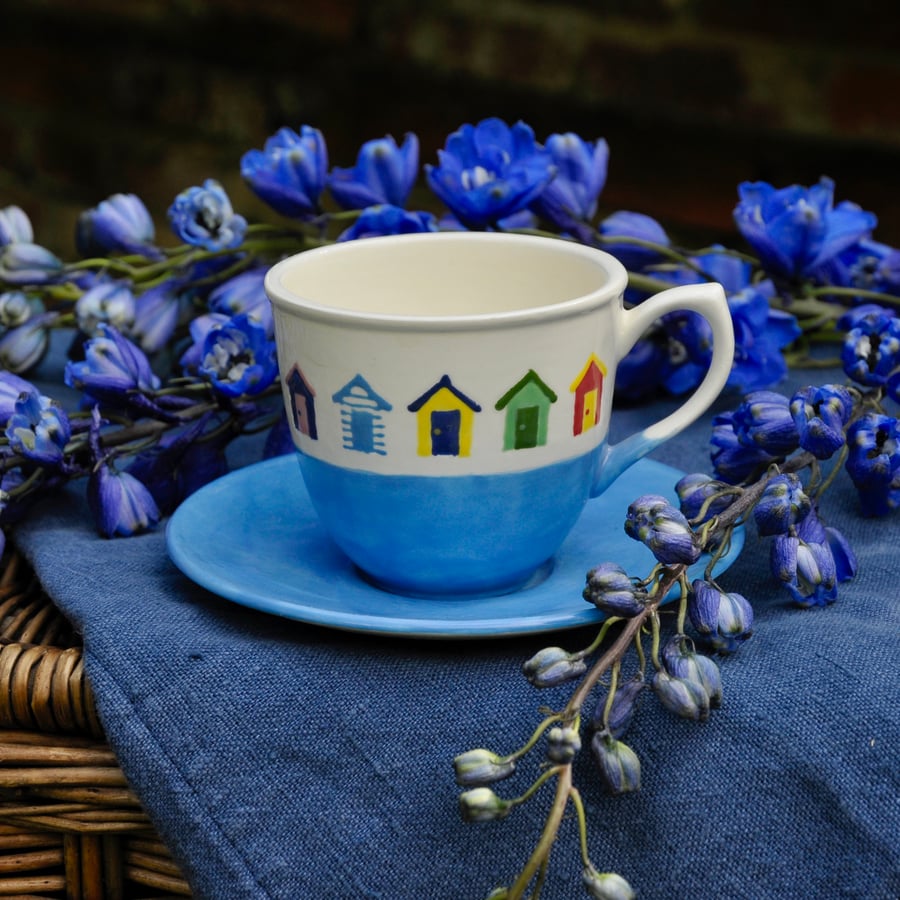 Beach Huts Cup and Saucer - Hand Painted - SALE
