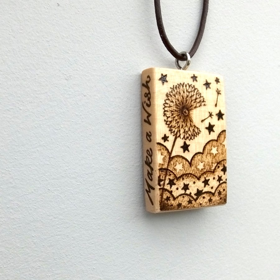 Make a Wish, Dream a Dream, Large Wooden Dandelion Clock, Pyrography Pendant