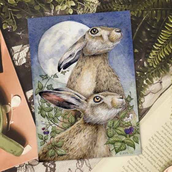 Moonlight Hares Art Print - A5 Scottish wildlife illustration