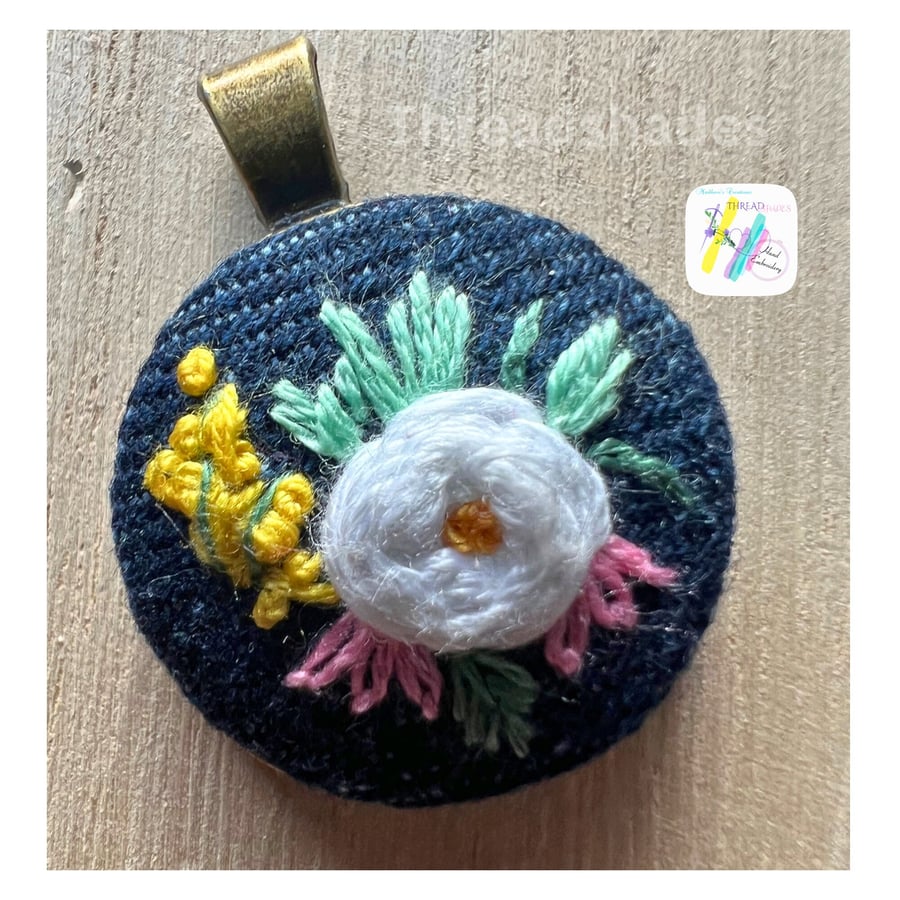 Hand embroidered pendant, round antique bronze, rose flower design, handmade nec