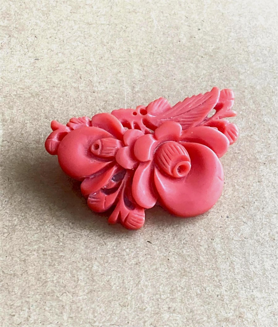 Upcycled Floral Design Resin Brooch In Coral Colour - handmade
