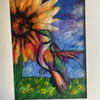 Humming Bird and Sunflowers Vibrant wool painting needle felt wall hanging 