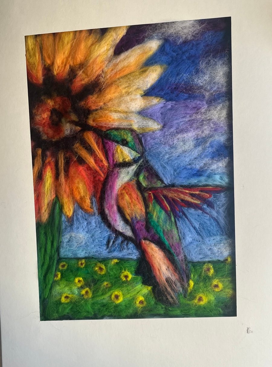 Humming Bird and Sunflowers Vibrant wool painting needle felt wall hanging 