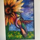 Humming Bird and Sunflowers Vibrant wool painting needle felt wall hanging 