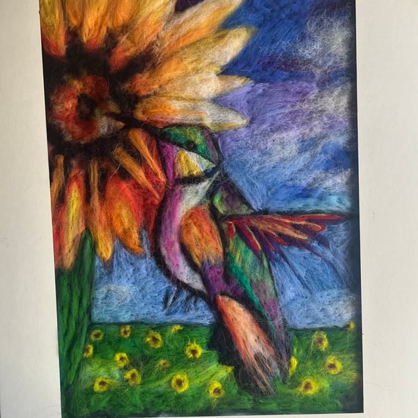 Humming Bird and Sunflowers Vibrant wool painting needle felt wall hanging 