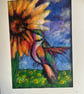 Humming Bird and Sunflowers Vibrant wool painting needle felt wall hanging 