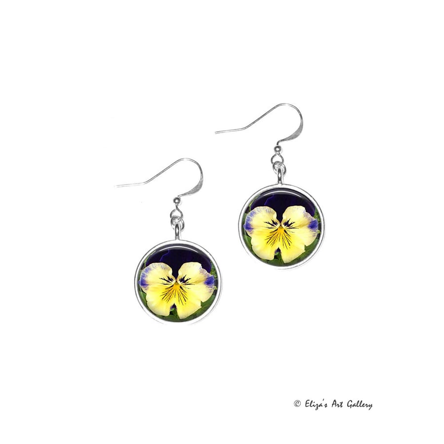 Silver Plated Pansy Flower Photo Earrings