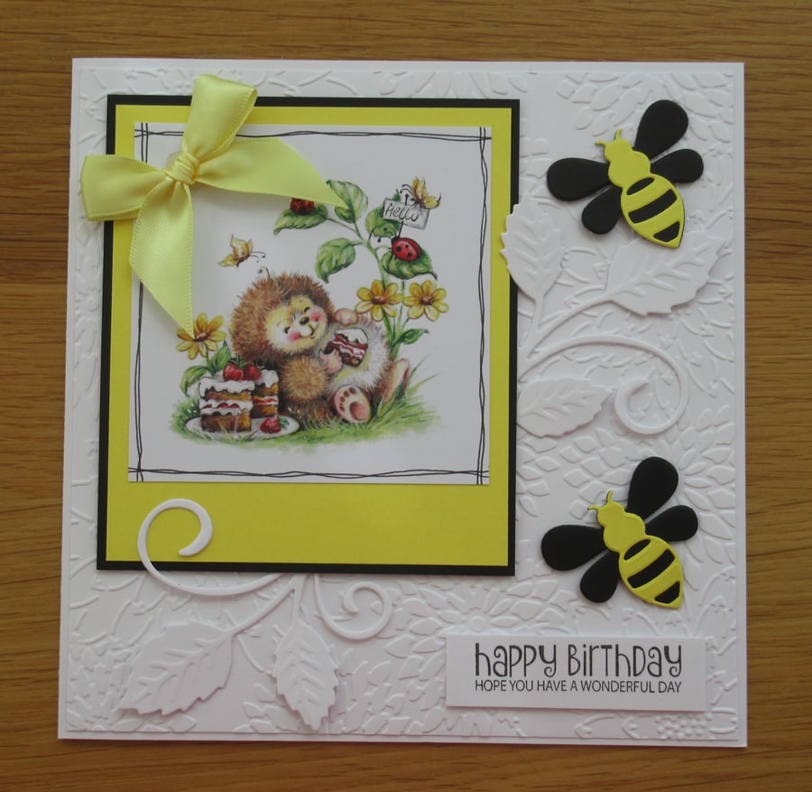 Hedgehog Eating Cake - Birthday Card - Yellow