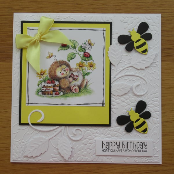 Hedgehog Eating Cake - Birthday Card - Yellow