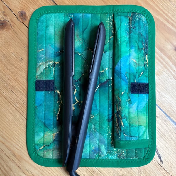Emerald Green And Gold Marble Heat Resistant Hair Straightener Mat
