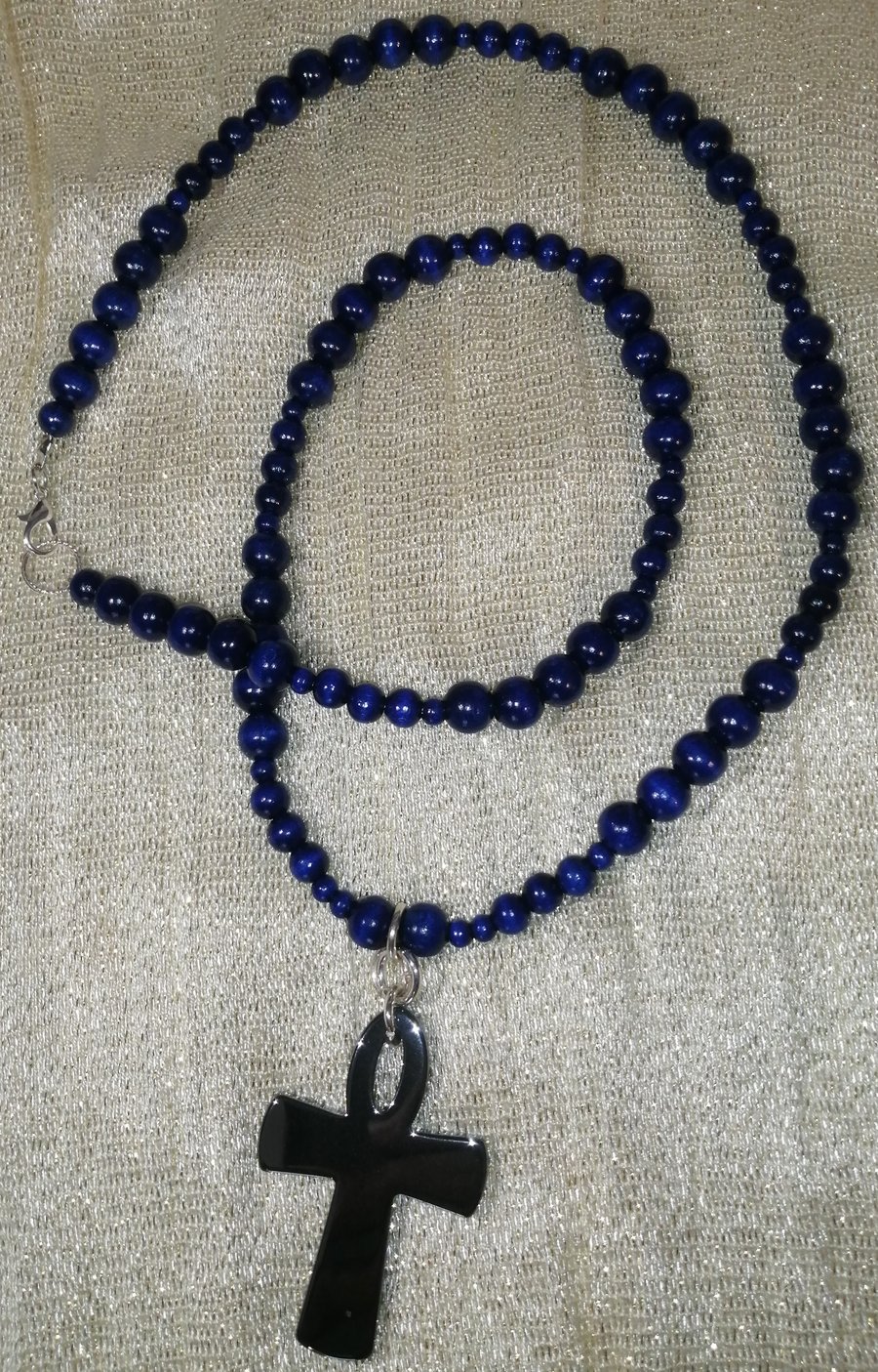 Haematite Crystal Ankh and Blue Polished Wooden African Beads Necklace