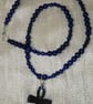 Haematite Crystal Ankh and Blue Polished Wooden African Beads Necklace