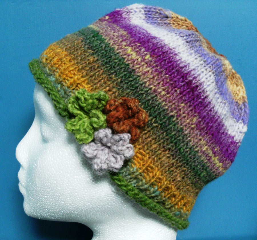 Handknit Noro 3-Flowered Beanie Hat 100% wool green, yellow, purple MED