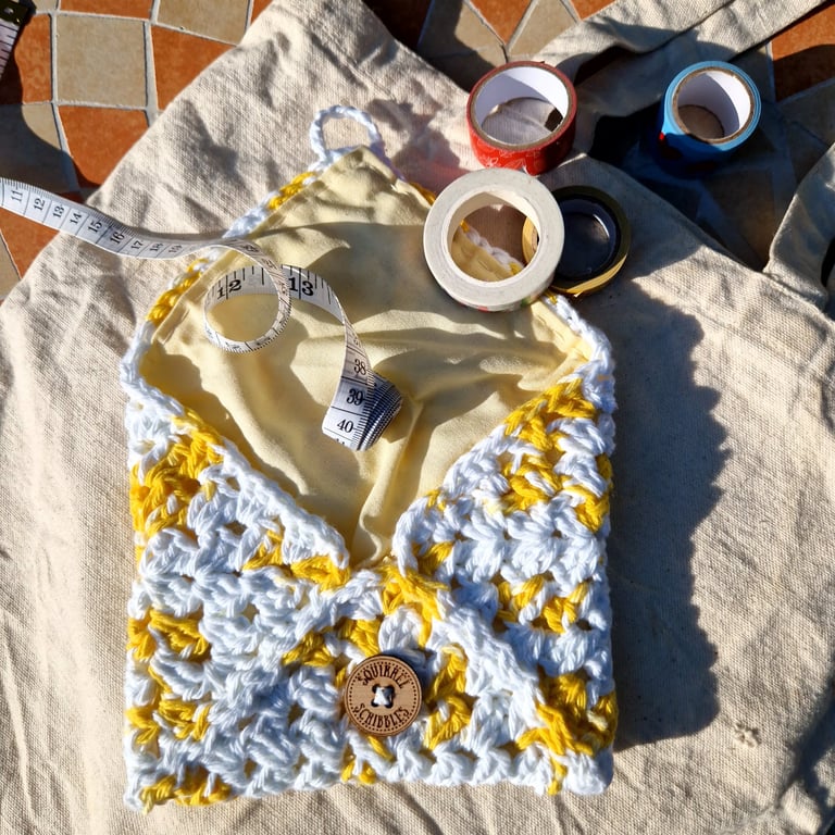 Yellow cotton lined pouch, Small crochet hand stitched pouch, Christmas gift