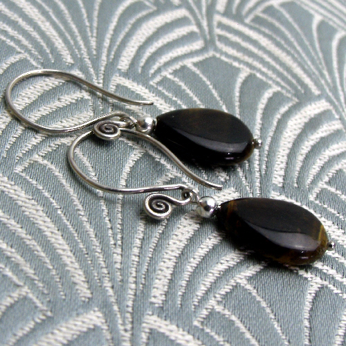 Short Drop Tigers Eye Earrings, Brown Semi-Precious Stone Earrings CC87