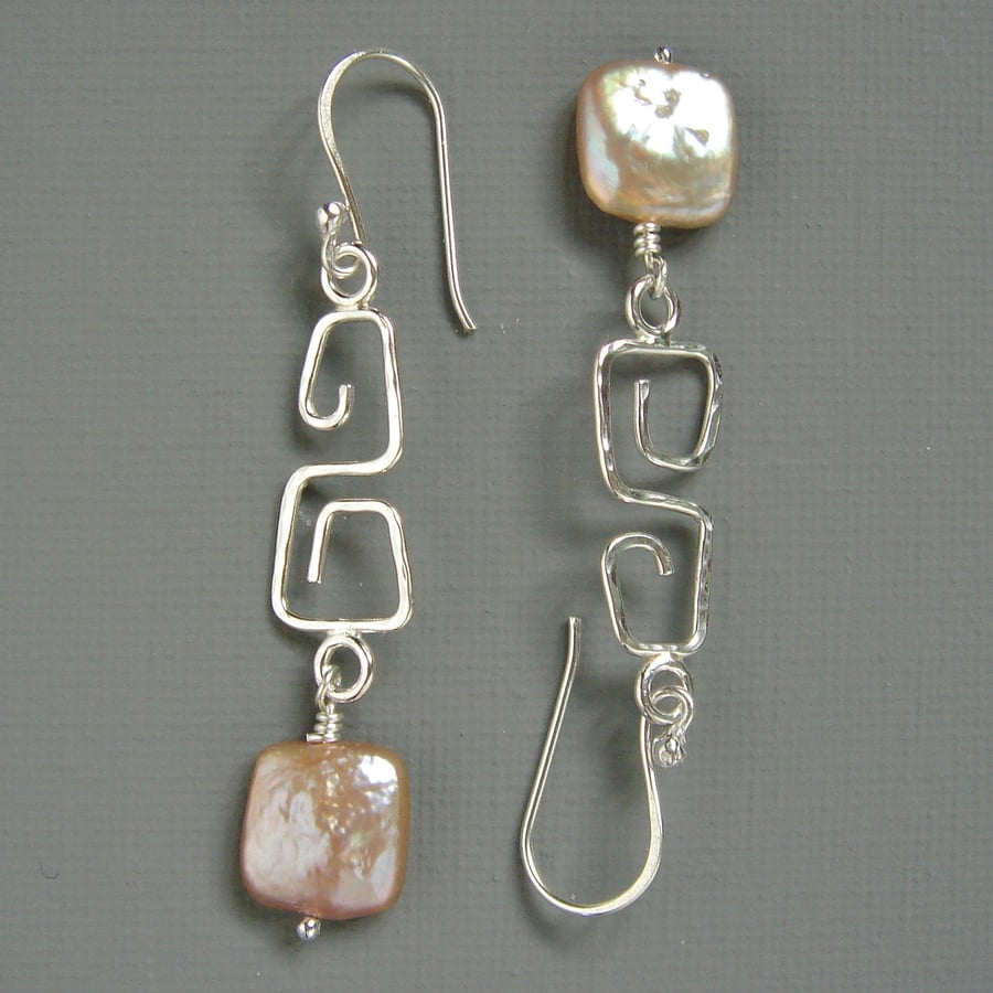 Sterling Silver Oriental Tendril Drop Earrings & Square Pink Freshwater Pearls 
