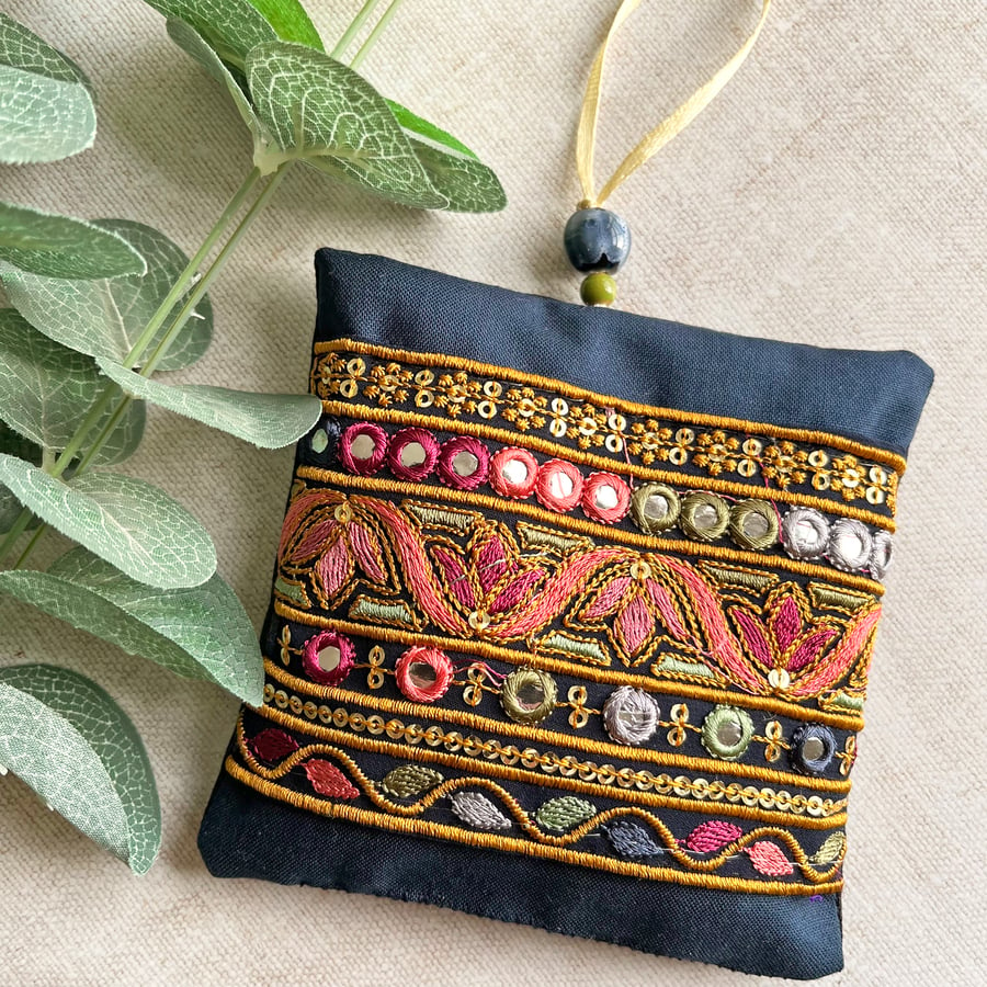 Pretty handmade lavender bag with Indian embroidered trim, lavender pouch