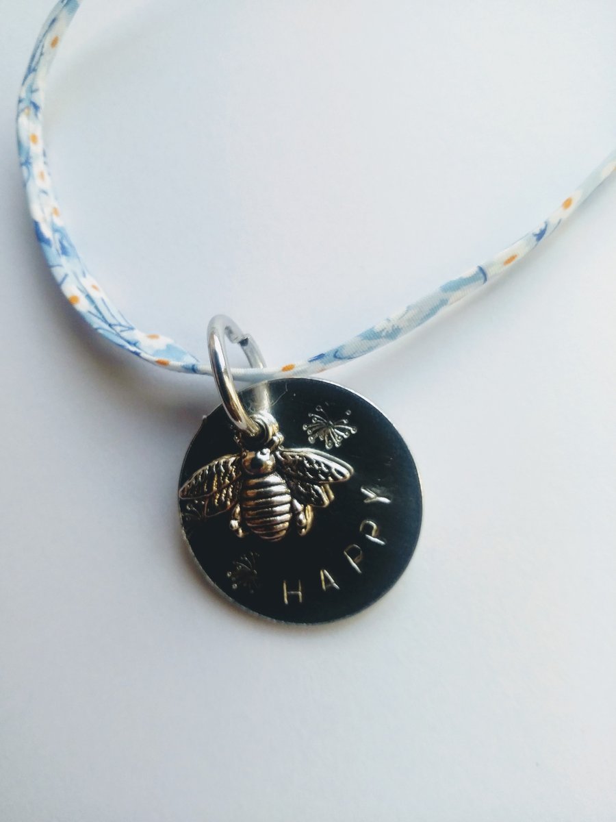 Bee happy hand stamped liberty fabric necklace