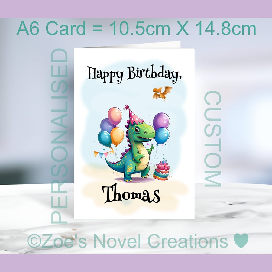 Birthday Dinosaur Party Greetings Card, personalised, A6 10.5cm x 14.8cm