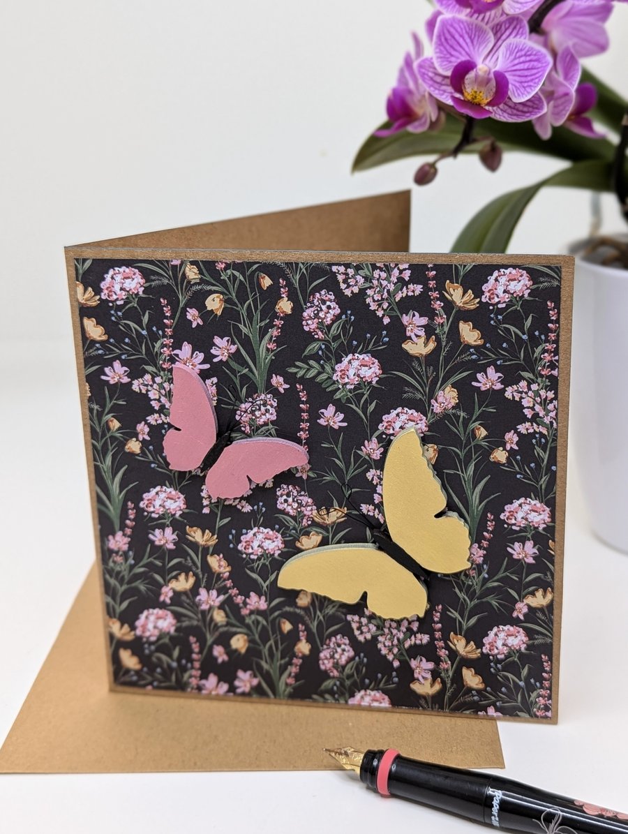 Blank, any occasion, handmade floral card with wooden butterfly embellishments 