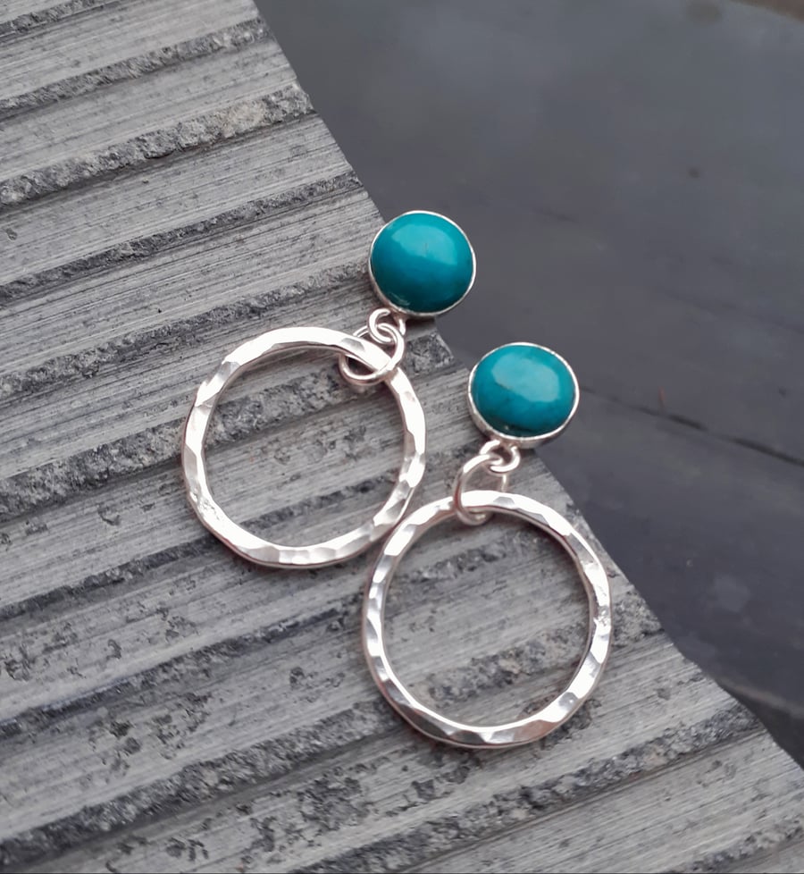 SILVER TURQUOISE HOOP & STUD Sterling Silver Handmade Natural Turquoise Earrings