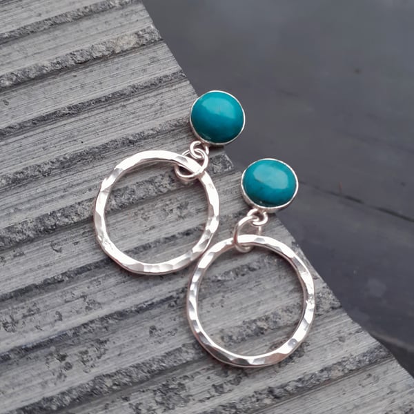 SILVER TURQUOISE HOOP & STUD Sterling Silver Handmade Natural Turquoise Earrings