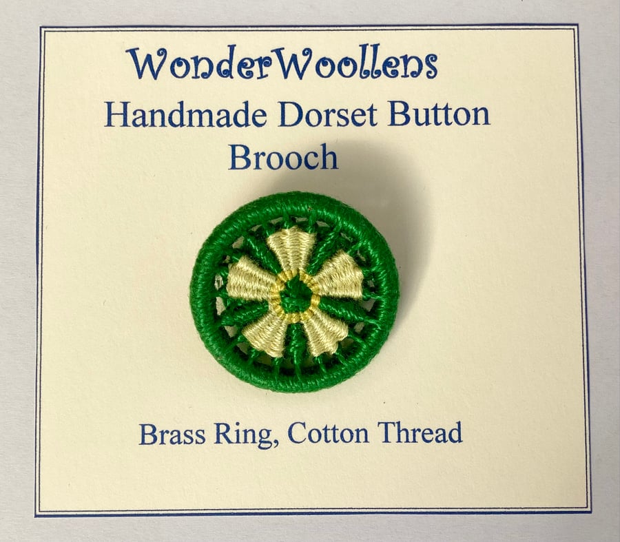 Primrose brooch, handmade Dorset button, thread button, green yellow