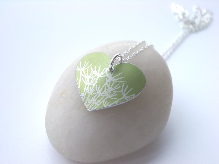 Heart necklace in lime green with dandelion seeds print