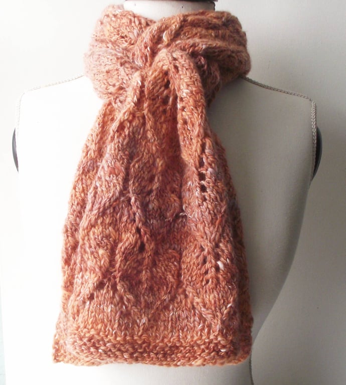 Lacy Scarf, Coral, Fawn & White, Merino & Silk, Handspun, Knitted 