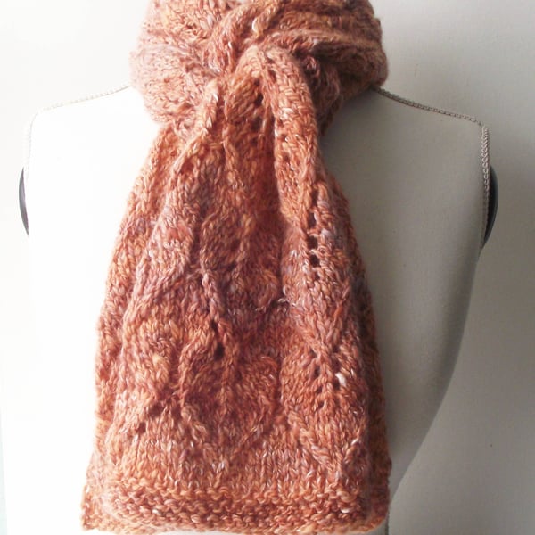 Lacy Scarf, Coral, Fawn & White, Merino & Silk, Handspun, Knitted 