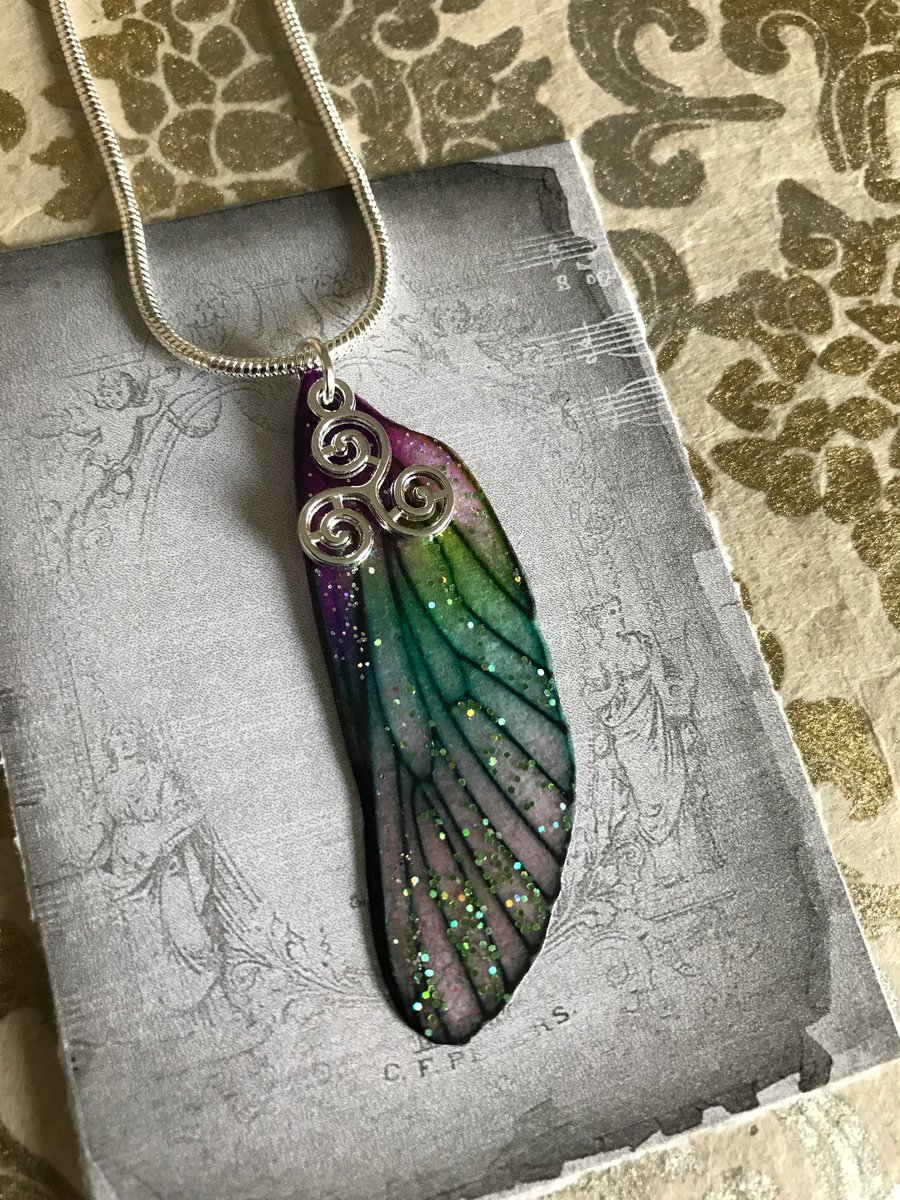 Purple and Green Glitter Triskelion Sterling Silver Fairy Wing Necklace Pendant