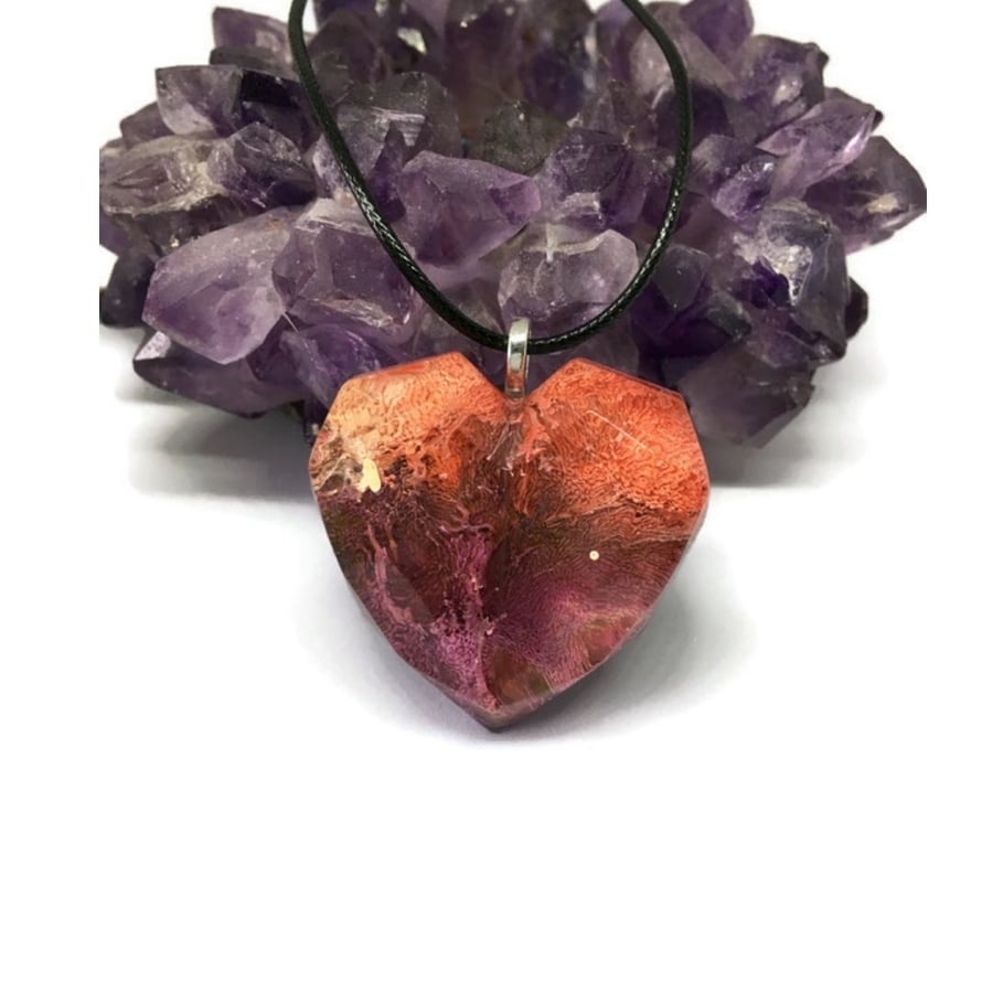 Purple and Orange-Red heart pendant resin and ink with necklace.