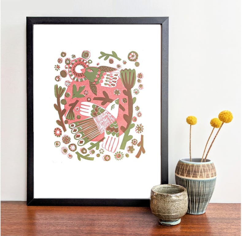 Birds Flying round the Garden in Olive and Burgundy - A3