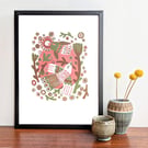 Birds Flying round the Garden in Olive and Burgundy - A3