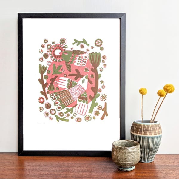 Birds Flying round the Garden in Olive and Burgundy - A3